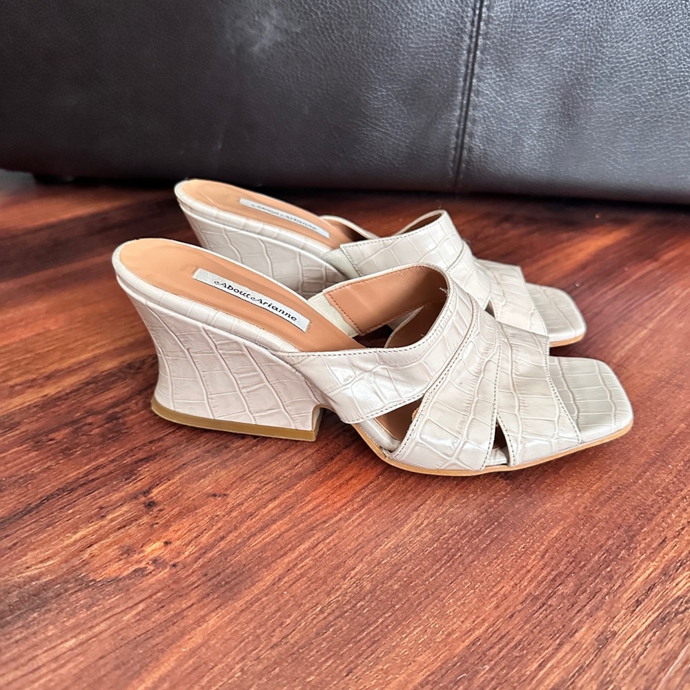 Staud Croc-Embossed Cream Wedge Sandals